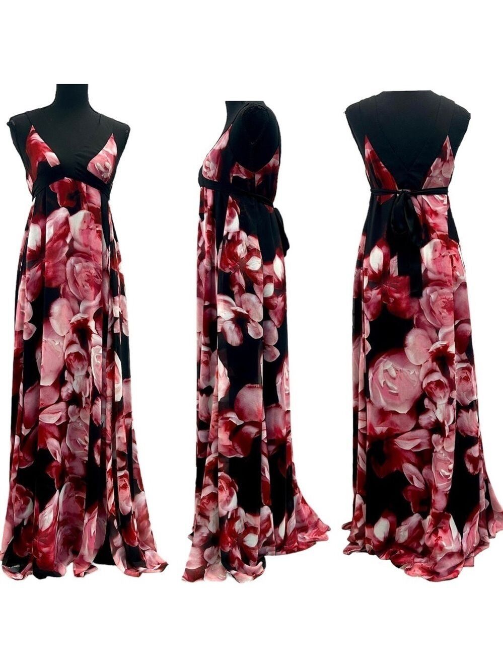 Rw&co pink red rose floral flower V neck maxi dress Sz XS